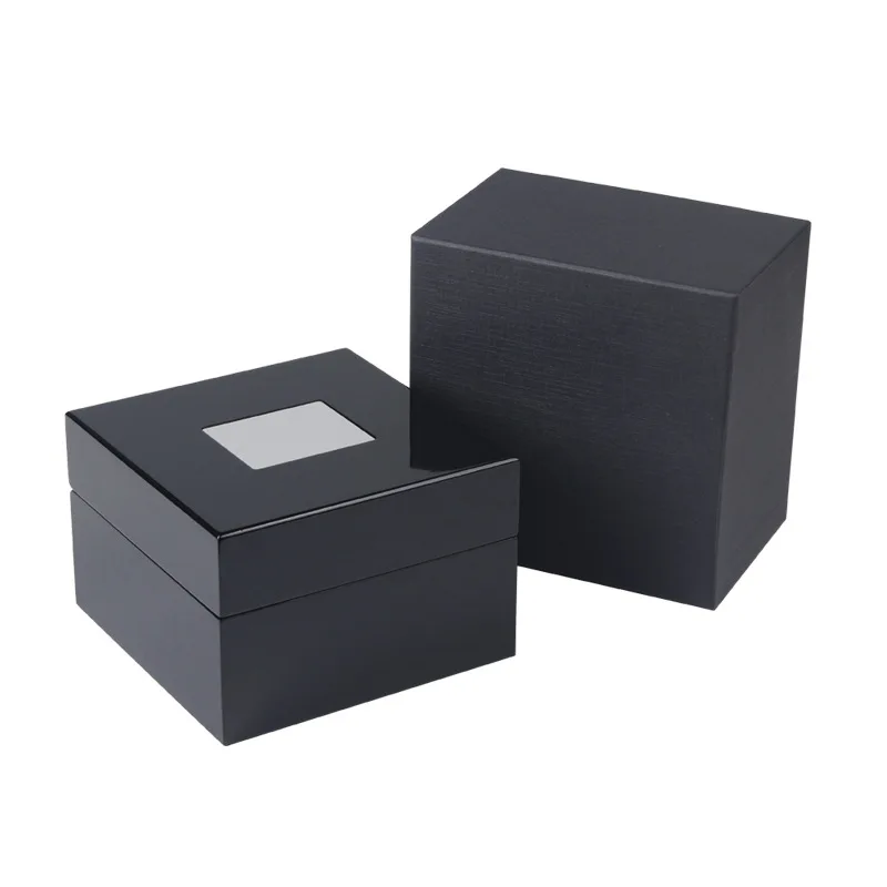 luxury black piano lacquer high gloss wood packaging case custom logo watch gift storage box with metal plate luxury black piano lacquer high gloss wood packaging case custom logo watch gift storage box with metal plate