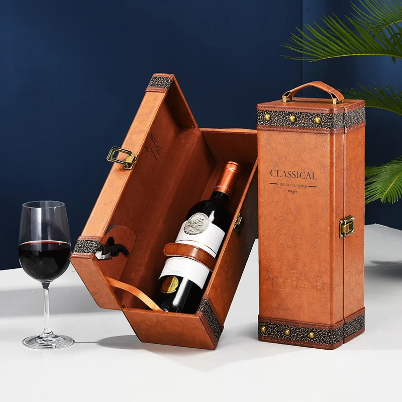 wholesale pu leather single wine bottle gift packaging box luxury champagne brandy liquor display storage case with accessories wholesale pu leather single wine bottle gift packaging box luxury champagne brandy liquor display storage case with accessories