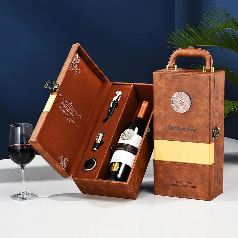 wholesale pu leather single wine bottle gift packaging box luxury champagne brandy liquor display storage case with accessories wholesale pu leather single wine bottle gift packaging box luxury champagne brandy liquor display storage case with accessories