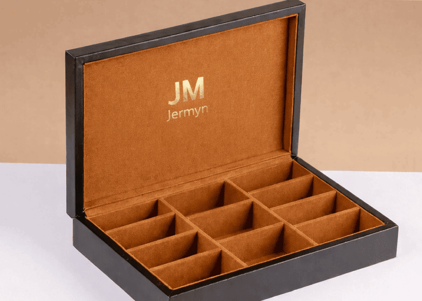 Luxury custom packaging box with compartments, ideal for jewelry or gifts, by Jermyn Packaging Solutions.